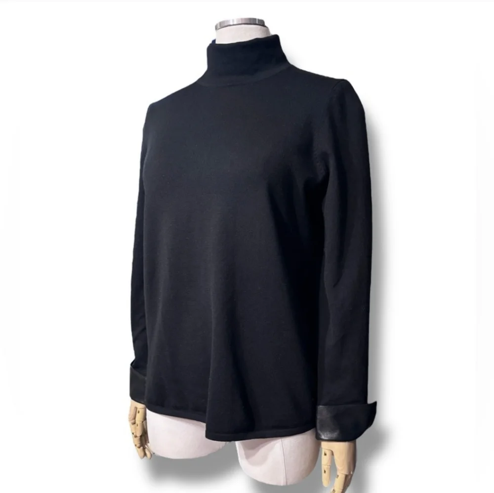 BELFORD Black Merino Wool Turtleneck Sweater Black Leather French Cuffs VINTAGE